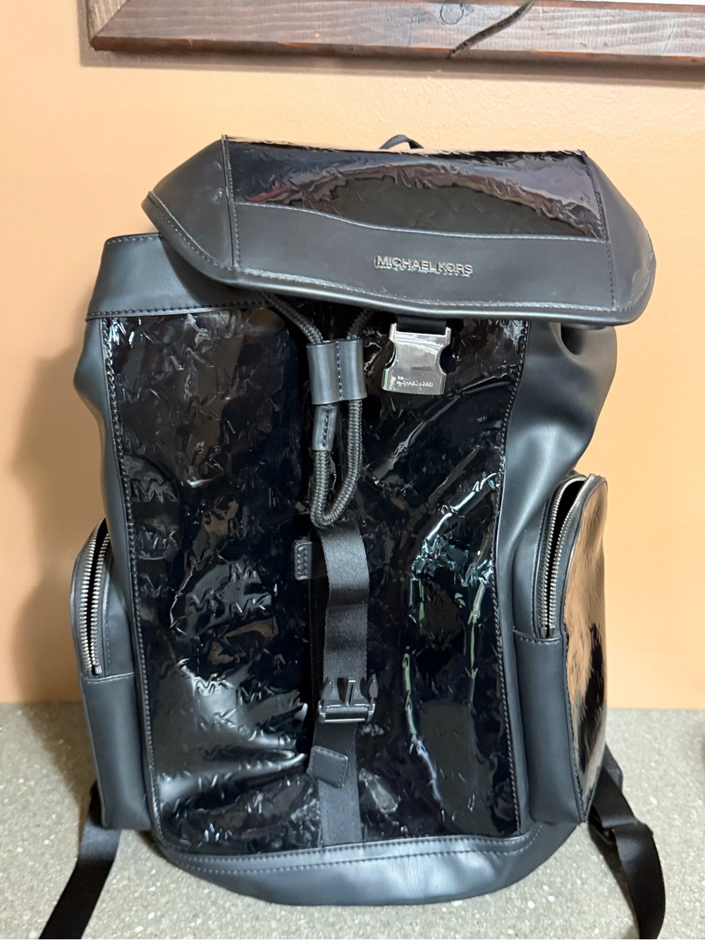 Michael Kors Men's Black Backpack with Patent Accents